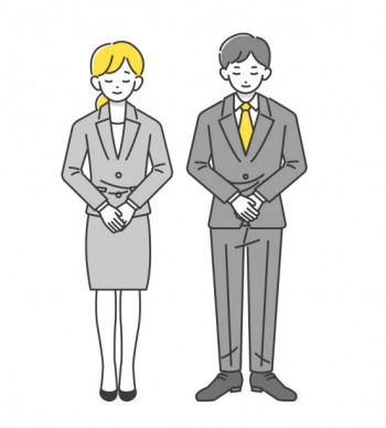 Vector illustrations of men and women in suits bowing / business / apology / thank you